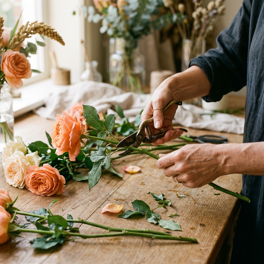 Florist's hands clipping stems with shears